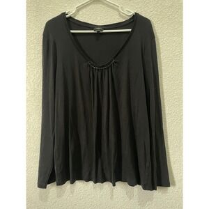 Talbots Woman 2X Black Pima Cotton Long Sleeve‎ Embellished V Neck Top